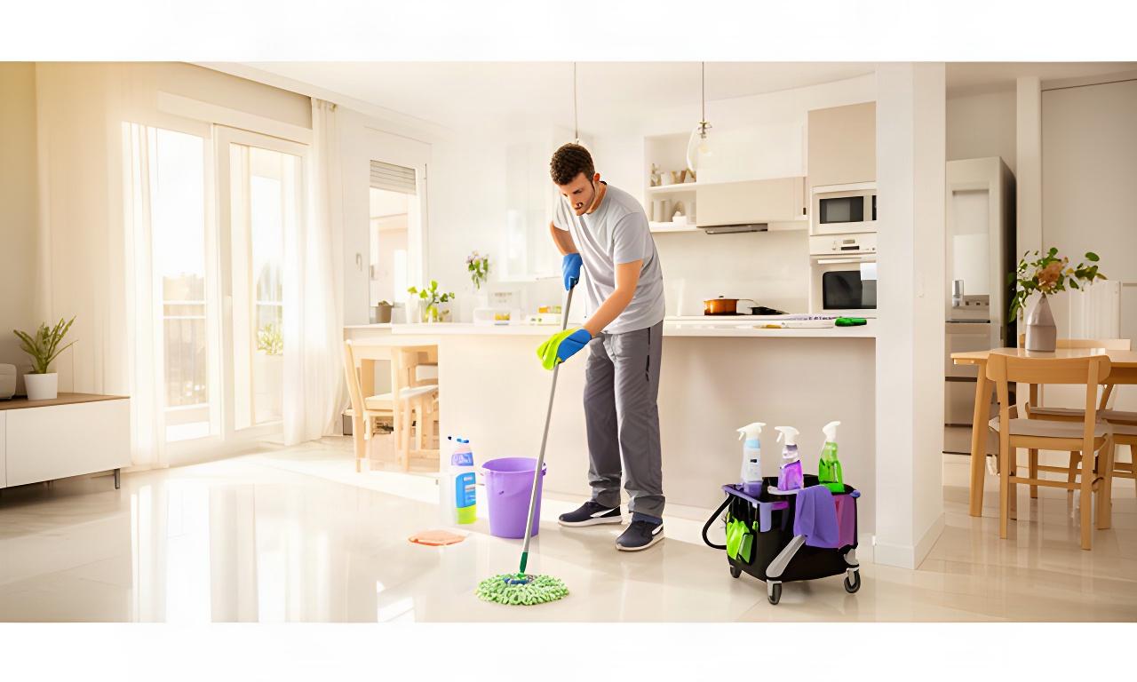 Profesional limpiando un piso luminoso en Las Rozas de Madrid con productos de trabajo junto a la cocina